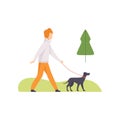 Young Man Walking with His Dog in Park, Girl Relaxing and Enjoying Nature Outdoors Vector Illustration Royalty Free Stock Photo