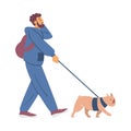 Young man walking his dog and talking phone, flat vector illustration isolated. Royalty Free Stock Photo