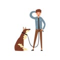Young man walking his pet dog vector Illustration on a white background Royalty Free Stock Photo