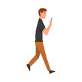 Young Man Walking Outside, Guy Looking at His Smartphone, Person Using Digital Gadget for Online Communication Vector