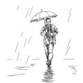 Young man walking in rain under umbrella. Hand drawn