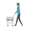 Young Man Walking with Shopping Cart, Guy Shopping at Mall or Supermarket Cartoon Style Vector Illustration on White Royalty Free Stock Photo