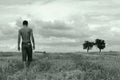 Young man walking on a stubble-field Royalty Free Stock Photo