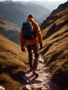 A young man walks on a high mountain.