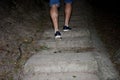 A young man walks in the woods outdoors the stairs