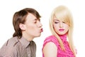 Young man want to kiss inaccessible blonde Royalty Free Stock Photo