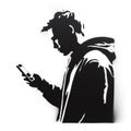 young man watching his smartphone graffiti stencil-art sprayed in black over white Royalty Free Stock Photo