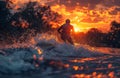 Young man water skiing on lake at sunset Royalty Free Stock Photo