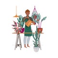 Young Man Watering Home Plants with Watering Can Vector Illustration Royalty Free Stock Photo