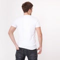 Young man wearing blank t-shirt isolated on white background. Copy space. Place for advertisement. Back view Royalty Free Stock Photo