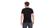 Young man wearing blank t-shirt isolated on white background. Copy space. Place for advertisement. Back view Royalty Free Stock Photo