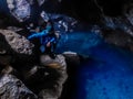 Iceland - Young man at the GrjÃÂ³tagjÃÂ¡ Cave with extremely bue water