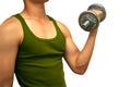 A young man wearing a dark green singlet lifting a dumbbell isolated on white background