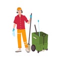 Young man wearing headphones and uniform standing beside mop bucket cart and holding broom. Male cleaning service worker or cleane Royalty Free Stock Photo