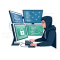 Hacker Typing on Keyboard Working on Multiple Monitors Displaying Code and Security Lock Icon Cybercrime Concept Royalty Free Stock Photo
