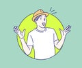 Young man wearing a summer hat, he is happy and surprised cheering expressing wow gesture. Hand drawn in thin line style