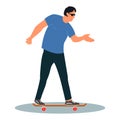 Young man wearing sunglasses rides skateboard. Urban citizen character.Vector illustration on white background in cartoon style