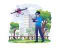 A young man wearing VR glasses flying a drone outdoors. The male character is controlling a quadcopter via VR headset technology Royalty Free Stock Photo