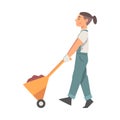 Young Man with Wheelbarrow Working in the Garden or Yard Vector Illustration