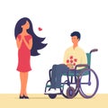 Young man in a wheelchair giving flowers to a girl Royalty Free Stock Photo