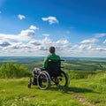 Young man in a wheelchair looks at rural landscape in the countryside. AI generated picture