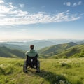 Young man in a wheelchair looks at rural landscape in the countryside. AI generated picture