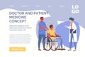 Young man in wheelchair is treated and cared for by hospital staff, doctor and nurse. Royalty Free Stock Photo