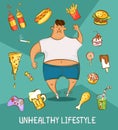 Young man in white shirt with excess weight. Comic cartoon illustration. Unhealthy nutrition article layout. Vector character with