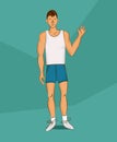 Young man in white shirt with normal body build. Comic cartoon illustration for diet and nutrition, weight loss, health and good