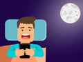 Young man who does not sleep because he is using the cell phone in the moonlight Royalty Free Stock Photo