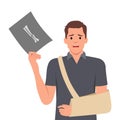 Young man who injured his arm hand. Broken arm on x ray and recovering with cast. Bone fracture treatment Royalty Free Stock Photo