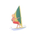Young man windsurfing in the sea, marine sport cartoon vector Illustration on a white background