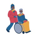 .Taking a person in a wheelchair for a stroll during the winter time. Isolated vector illustration.