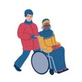 .Taking a person in a wheelchair for a stroll during the winter time. Isolated vector illustration.