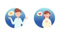 Young Man and Woman Astonished and in Love Depicting Emoticon in Blue Circle Vector Set