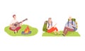 Young Man and Woman with Backpack Camping Sitting on Green Grass and Playing Guitar Near Campfire Vector Illustration Royalty Free Stock Photo