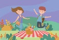 Young man and woman basket picnic nature landscape
