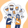 Young Man And Woman Buying Snacks Online Doodle Illustration