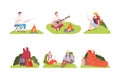 Young Man and Woman Camping Sitting and Frying Marshmallow Vector Illustration Set