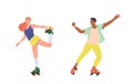 Young man and woman cartoon characters roller skating outdoors enjoying sport hobby activity Royalty Free Stock Photo