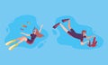 Young Man and Woman Character in Goggles and Flippers Sea Diving and Floating Underwater Vector Set Royalty Free Stock Photo