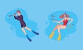 Young Man and Woman Character in Goggles and Flippers Sea Diving and Floating Underwater Vector Set Royalty Free Stock Photo