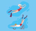 Young Man and Woman Character in Goggles and Flippers Sea Diving and Floating Underwater Vector Set Royalty Free Stock Photo