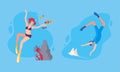 Young Man and Woman Character in Goggles and Flippers Sea Diving and Floating Underwater Vector Set Royalty Free Stock Photo