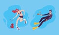 Young Man and Woman Character in Goggles and Flippers Sea Diving and Floating Underwater Vector Set Royalty Free Stock Photo