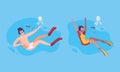 Young Man and Woman Character in Goggles and Flippers Sea Diving and Floating Underwater Vector Set Royalty Free Stock Photo