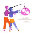 Young Man and Woman Character Sleepwalking Towards Percentage Sign Hanging on Fishing Rod Vector Illustration