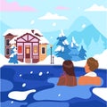 Young Man and Woman Character Swimming in Pool at Snowy Resort Hotel Enjoying Spa and Bath Thermal Procedure at Nature Royalty Free Stock Photo