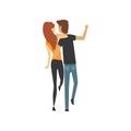 Young man and woman characters walking together hugging, back view, happy romantic couple in love cartoon vector