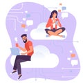Young man and woman characters working with cloud interface